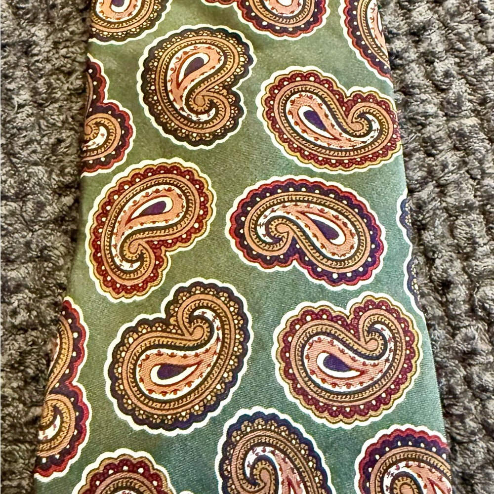 Robert Stock Vintage Silk Paisley Tie Green Burgundy 80s Handmade Retro